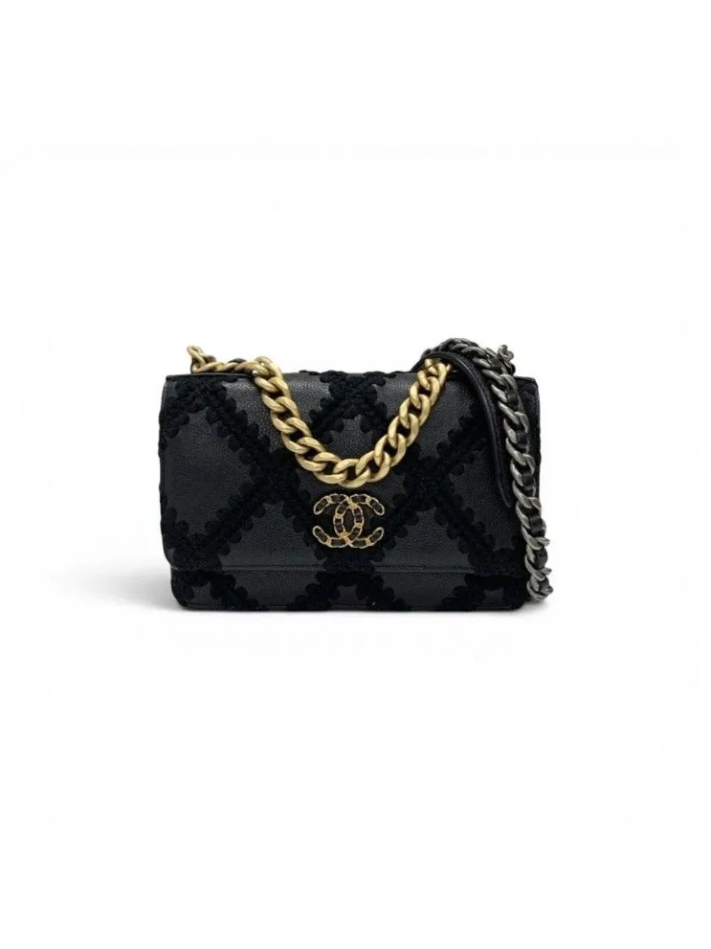 Chanel Shoulder Bag Black Gold Silver 19 CC Logo Crochet Chain Wallet